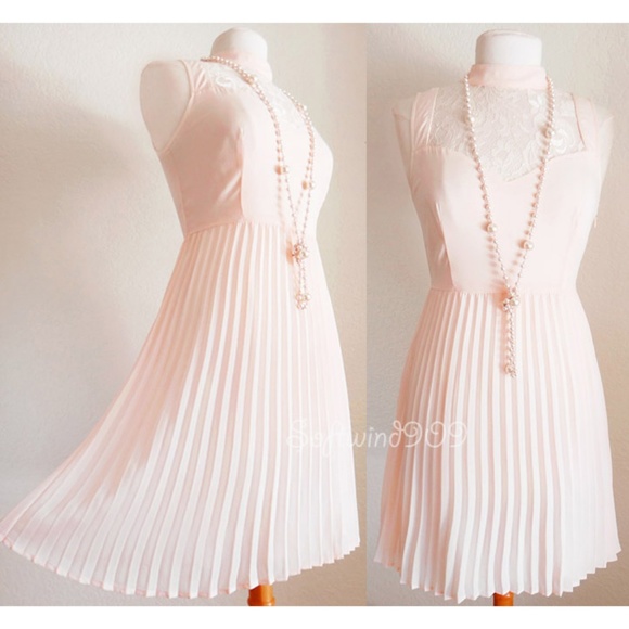 Pale Pink Lace Inset Mock Neck Knife Pleated Dress - Picture 2 of 8